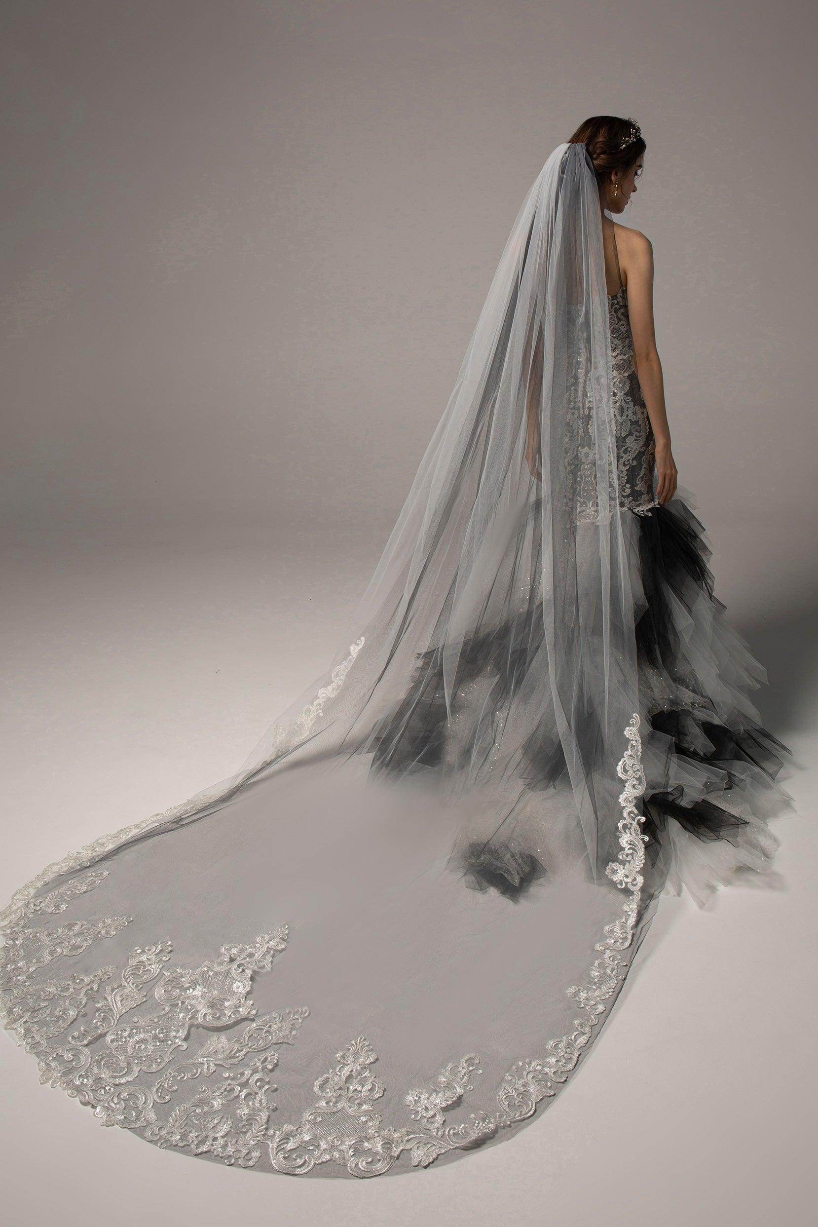 Two-tier Lace Edge Tulle Cathedral Veils Appliques CV0191 - COCOMELODY